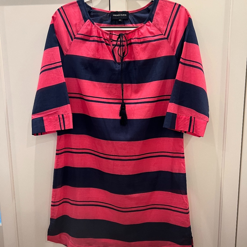 French Curve Dress.  Size XS.  Pink and Navy Stripe with Blue Tassel.